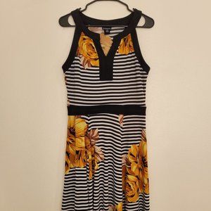 Yellow Floral Black and White Striped Summer Dress